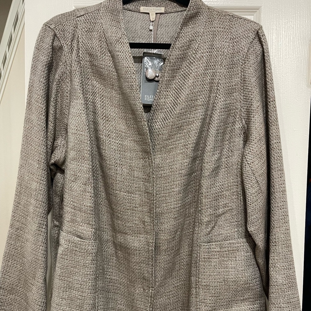 NWT Eileen Fisher Stand Collar Jacket Org Linen Cotton Basket Weave Sz 1X Taupe